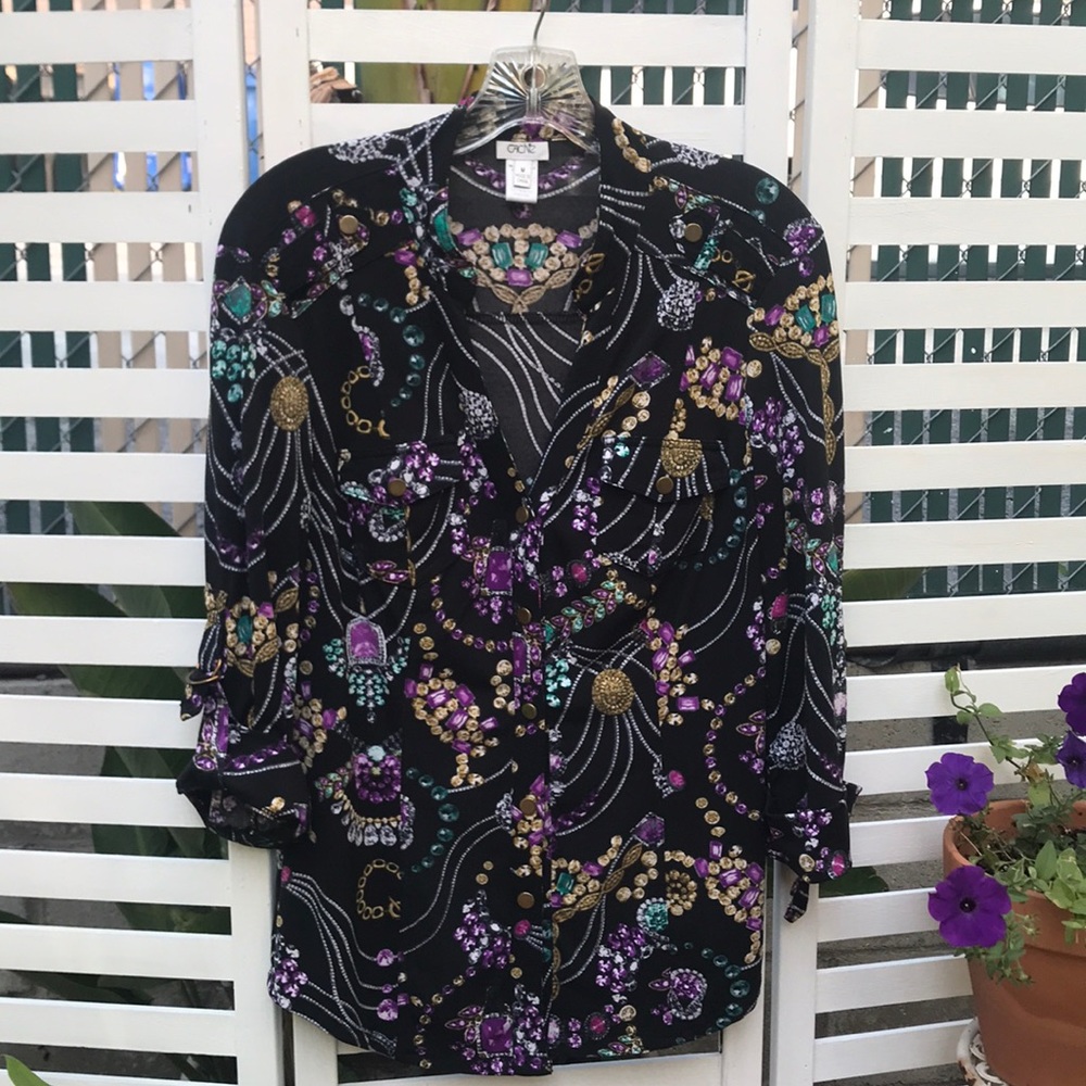 CACHÉ blouse black & purple